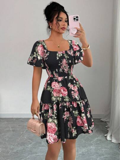 Elenzga Women Elegant Floral Print Shirred Dress For Summer
