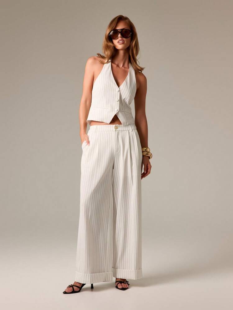 Professional High Waisted Suit Pants With Pinstripe And Cuffed Bottom