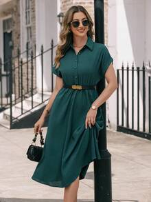 EMERY ROSE Batwing Sleeve Shirt Dress Without Belt Maxi Women Outfit - Dark Green - View 6