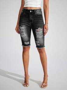 SHEIN LUNE Women's Fashionable Ripped Pocket Denim Bermuda Shorts - Multicolor - View 5