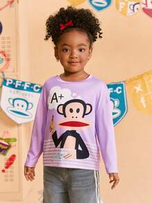 Paul Frank X SHEIN Áo thun dệt kim tay dài cổ tròn vai trễ họa tiết hoạt hình cho bé gái màu tím - Màu tím - Xem 5