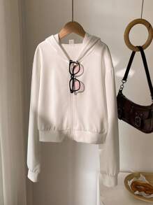 1 件青少年女孩连帽长袖短款拉链运动衫休闲套头衫，秋季 - 白色 - 查看 1