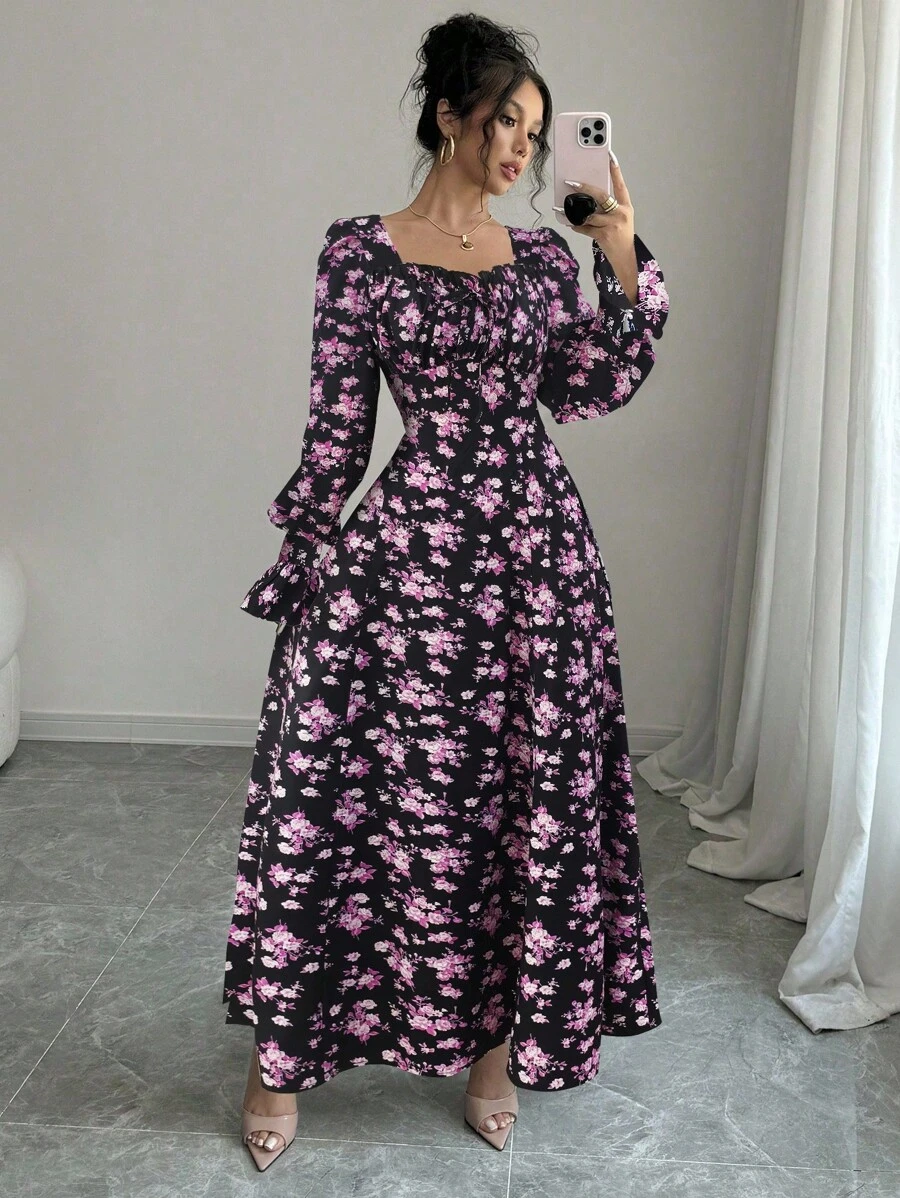 Rafferiza Elegant Floral Print Square Neck Dress With Ruffle Trim, Ruffle Sleeve, Pearl Button Decor, Suitable For Spring & Autumn Maxi Women Outfit Autumn Dress Fall Cloth For Women - Pink - View 1