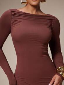 Silquee 女式纯色圆领长袖褶皱修身优雅连衣裙