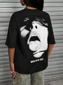 INAWLY 女式印花短袖休闲基本款春夏季 T 恤，Born To Be Free 图案 T 恤女式上衣 - 黑色 - 查看 1