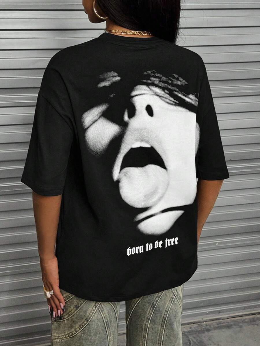 INAWLY 女式印花短袖休闲基本款春夏季 T 恤，Born To Be Free 图案 T 恤女式上衣 - 黑色 - 查看 1