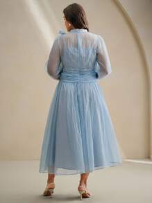 Anewsta Elegant Romantic Palace Banquet Stand Collar Bowknot Long Sleeve Ruched Shiny Long Plus Size Dress - Blue - View 6
