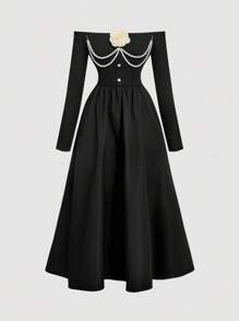 SHEIN MOD Vestido negro elegante vintage con un hombro y decoración de cadena de perlas - Perfecto para vestimenta de invitada de boda de mujer, baile de graduación, estilo de tribunal, vestidos de cumpleaños, vestidos de crucero, atuendos por capas y adecuado para citas, fiestas, feriados, té y bailes - Negro - Ver 1