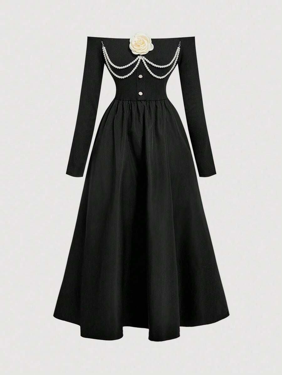 SHEIN MOD Vestido negro elegante vintage con un hombro y decoración de cadena de perlas - Perfecto para vestimenta de invitada de boda de mujer, baile de graduación, estilo de tribunal, vestidos de cumpleaños, vestidos de crucero, atuendos por capas y adecuado para citas, fiestas, feriados, té y bailes - Negro - Ver 1