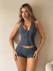 SHEIN ICON 女式深 V 领露背短款上衣，搭配系带装饰和同款超短裤，两件套，酒红色 - 灰色 - 查看 3