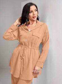 Mulvari Flap Pocket Drawstring Waist Shirt & Wide Leg Pants 2 Pieces Set Modest - Orange - View 5