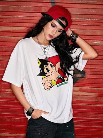 Astro Boy X ROMWE Camiseta blanca holgada de mujer con estampado de dibujos animados lindos