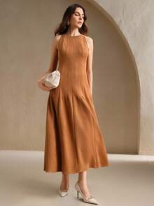 Anewsta Vestido Midi Elegante Feminino Cáqui, Sem Mangas, Com Cintura Franzida, Plissado, - Caqui - Ver 1