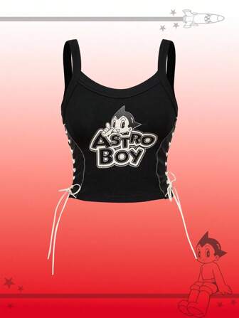 Astro Boy X ROMWE Femmes Top Cami ajusté mince avec lacets sur les côtés en PU contrasté