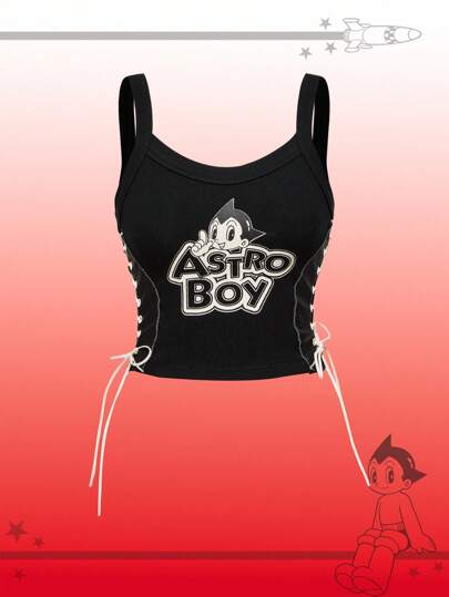 Astro Boy X ROMWE Top a cami con lacci laterali in pelle PU a contrasto per donne