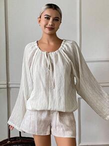 Livesso 女式条纹宽松系带长袖衬衫 - 米色 - 查看 6