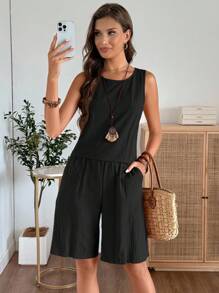 EMERY ROSE Women's Solid Color Round Neck Sleeveless Top And Shorts Casual 2 Pieces Set Short Sets For Women Vacation