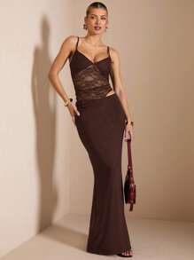 SHEIN BAE 夏季海滩度假纯黑色蕾丝性感透视吊带长裙，适合日常约会、夜间外出、夜总会、派对、聚会、鸡尾酒会、泳池派对、返校季服装、学校季连衣裙、节日连衣裙女士连衣裙 - 咖啡棕 - 查看 3