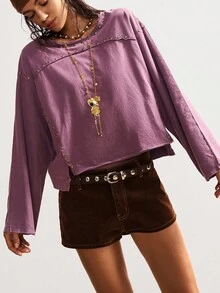 Bohemela Women's Casual Solid Color Knit Crew Neck Long Sleeve Loose Washed T-Shirt, Autumn/Winter Boho,Fall - Purple - View 5