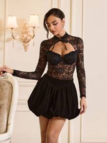 Relinas Tie Neckline Hollow Out Front Lace Bodysuit Fall Cloth For Women