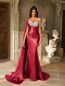 Aureia 优雅奢华的无袖甜心领口褶饰紧身胸衣，荷叶边下摆美人鱼正式晚礼服，适合宴会、庆典、商务活动、婚礼和其他正式场合 - 酒紅色 - 查看 5