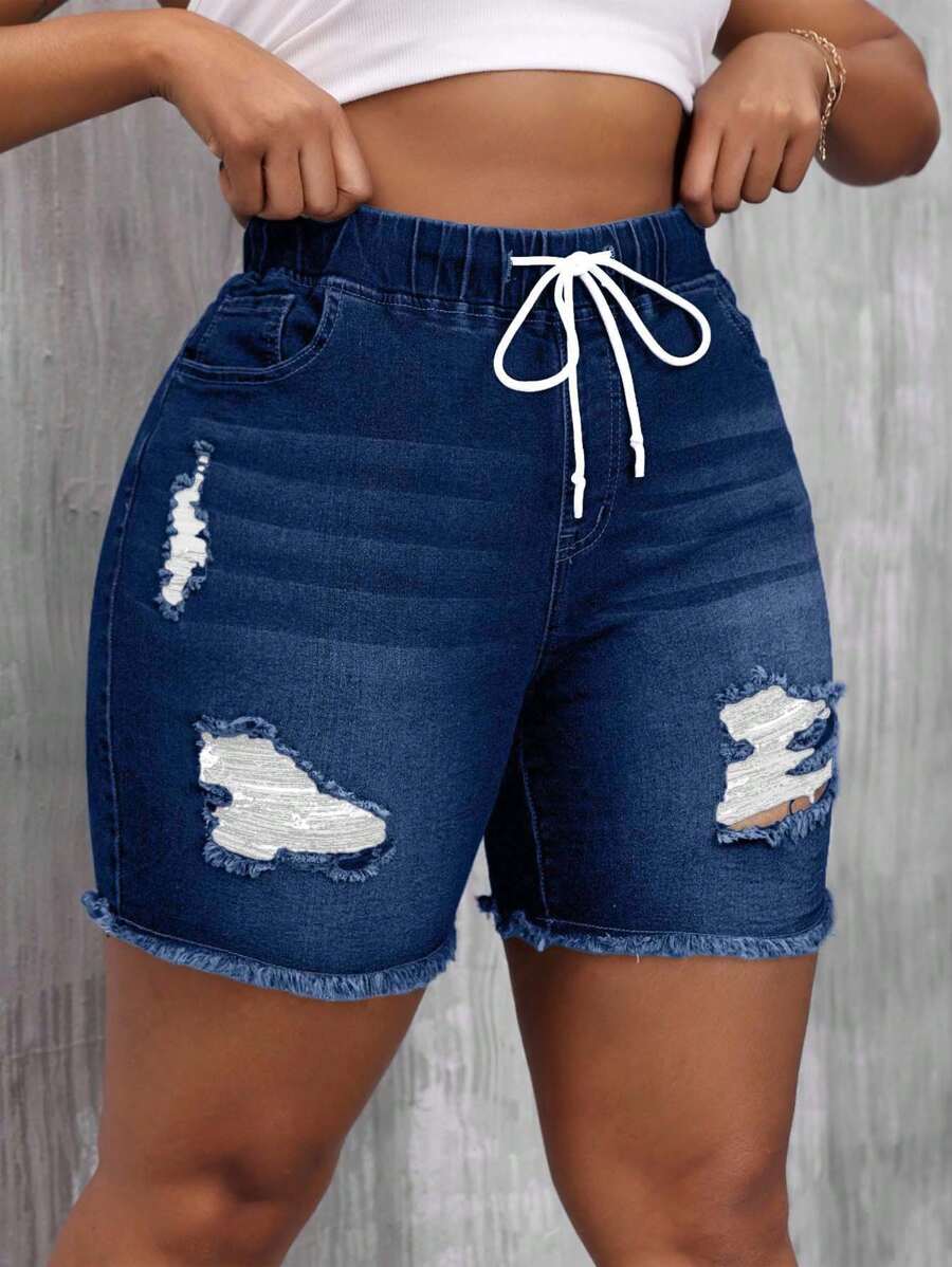 EURMUSE Plus Size Women Casual Distressed Frayed Drawstring Denim Shorts - Dark Wash - View 1