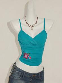 SHEIN ICON Y2k 女款蓝绿色外出刺绣花卉休闲度假海滩性感露背系带短款上衣