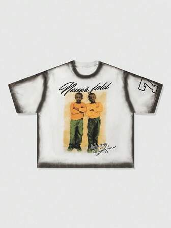 Street Life Camiseta holgada de manga caída con gráfico de letras y figuras pintadas a mano para adolescentes