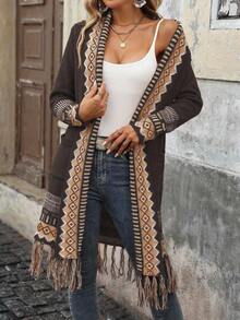 SHEIN LUNE Áo khoác cardigan tua rua họa tiết hình học thường ngày cho nữ - Cà phê nâu - Xem 3
