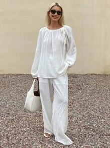 Livesso 女士圆领宽松休闲上衣和裤子两件套，纯色波西米亚风 - 白色 - 查看 3