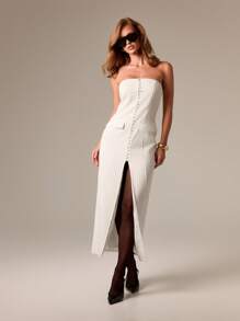 AiiRZ Pinstripe Bandeau Maxi Dress Tailored Front Slit Button Down Summer Resort Vacation Evening Party Formal Sleeveless