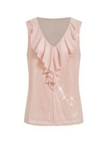 Ellevyn 女式 V 领荷叶边无袖亮片宽松优雅休闲衬衫，适合春夏、秋季 - 粉色 - 查看 3