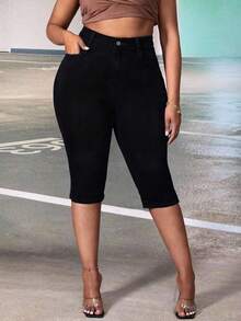 SHEIN CURVE+ Pantalones vaqueros capri ajustados de estilo vaquero para mujer de talla grande, pantalones cortos para montar en invierno - Negro - Ver 5