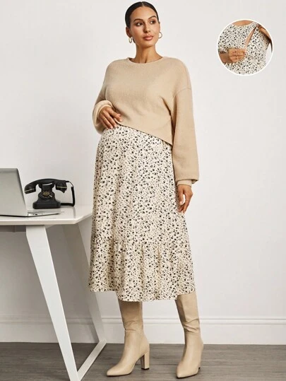 MaterniWear 2pcs Maternity Set: Solid Color Long Sleeve Top & Floral Nursing Dress   Work Dresses For Women Maternity Skirt Floral Maternity Skirt Maternity Clothes Beige Maternity Skirt 2 Piece Maternity Outfits  Office Outfits For Women   Felpa  Fall Women Clothes Maternity Clothes Fall Winter