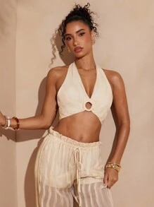 Hauture Sexy romantisches Sommer-Urlaubsresort Wellen plissiertes O-Ring Träger-Rückenfreies Top - Aprikosenfarben - Übersicht 4