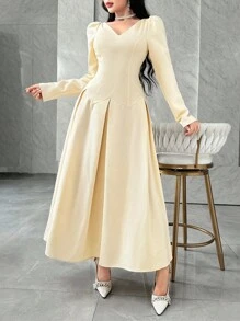 Feyla 女式优雅纯色泡泡袖连衣裙 - 杏色 - 查看 6