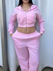 Lucia Bellido Women's Casual Solid Drop Shoulder Loose Zip-Up Cropped Hoodie And Jogger Sweatpants Set - Pink - View 1
