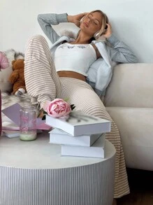 SHEIN EZwear Winter Clothes For Women, Clean Girl Winter Home Casual Kaluli Style Retro Striped Double Waist High Elastic Low Waist Wide Leg Pants - Khaki - View 3