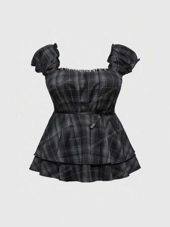 Kawaii Plus Size Women's Retro Cute School Style Printed Fabric Ruffle Collar Ribbon Patchwork Layered Ruffle Trim Blouse