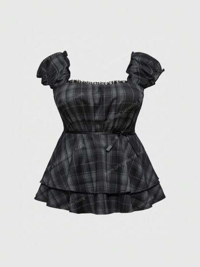 Kawaii Blouse à volants en tissu imprimé de style scolaire mignon pour femmes grandes tailles, avec col à volants, ruban et empiècements à volants superposés