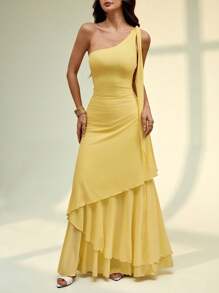 SHEIN PETITE Váy oversize thắt nơ trễ vai, váy lá sen vàng ba lớp, kỳ nghỉ lãng mạn, phù hợp cho mùa hè - Màu vàng - Xem 3