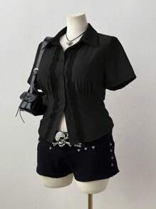 Flirla Lace Trim Form-Fitting Casual Short Sleeve Blouse - Black - View 6