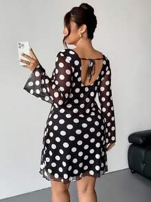 Firerie Váy ngắn chữ A hở lưng họa tiết chấm bi gợi cảm cỡ lớn dành cho nữ, tay loe, phong cách đại học cá tính, thanh lịch, lễ hội âm nhạc đường phố, váy ngắn dáng chữ A hở lưng họa tiết da báo gợi cảm, tay dài hở lưng họa tiết chấm bi đen trắng, hẹn hò lãng mạn - Đen và trắng - Xem 3