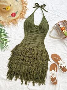 Soleia Váy ngắn hở lưng tua rua dệt kim họa tiết dành cho nữ, trang phục dự tiệc gợi cảm cho kỳ nghỉ hè trên bãi biển, thích hợp cho ngày lễ, trà chiều, mùa cưới, kỳ nghỉ du ngoạn trên biển, kỳ nghỉ đường phố, kỳ nghỉ theo phong cách Boho, lễ hội âm nhạc - xanh quân đội - Xem 4