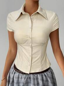 Aloruh 女士优雅纯色短袖褶腰衬衫，通勤、日常穿着、办公室、春夏季通用 - 杏色 - 查看 7