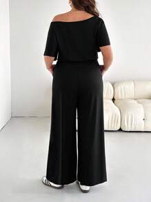 SHEIN Essnce 女士加大码宽松舒适连体裤，露肩女装，休闲连体裤，外出服秋季女装 - 黑色 - 查看 2