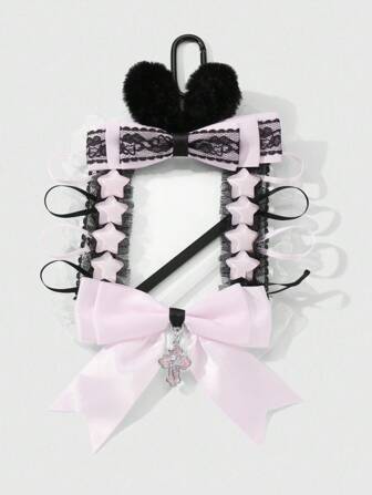 Kawaii 1pc Cute & Sweet Personalized Fashion High-Quality Pink Resin Glitter Star Lace Ribbon Mesh Bow Plush Rabbit Lace Rose Cross Big Card Holder Keychain Bag Pendant, Suitable For Office Workers, Students, Daily Wear, Holiday Gift