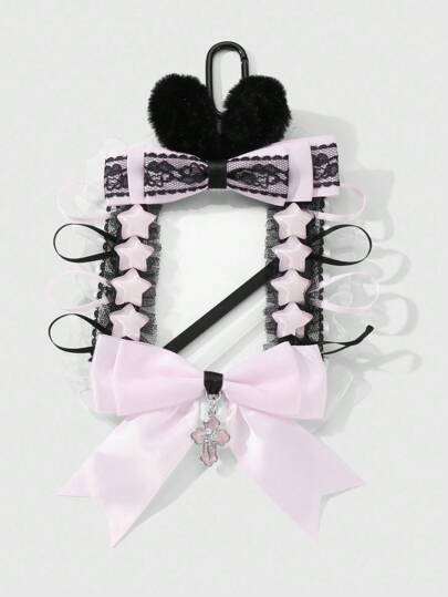 Kawaii 1 قطعة أرنب ناعم وحلو مزين بالشريط الدانتيل والنجوم اللامعة والشبكة الوردية، حامل بطاقات وسلسلة مفاتيح وقلادة، مناسب للموظفين والطلاب والاستخدام اليومي وهدايا المناسبات