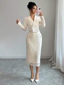 Modelyn Women's Suit Jacket With Contrast Lace & Button Decor + Lace Button Decor Skirt, Elegant 2 Pieces Set Fall Cloth For Women - Apricot - View 7
