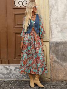 Brillora 女式V领荷叶边袖波西米亚风印花连衣裙，秋冬 - 彩色 - 查看 6